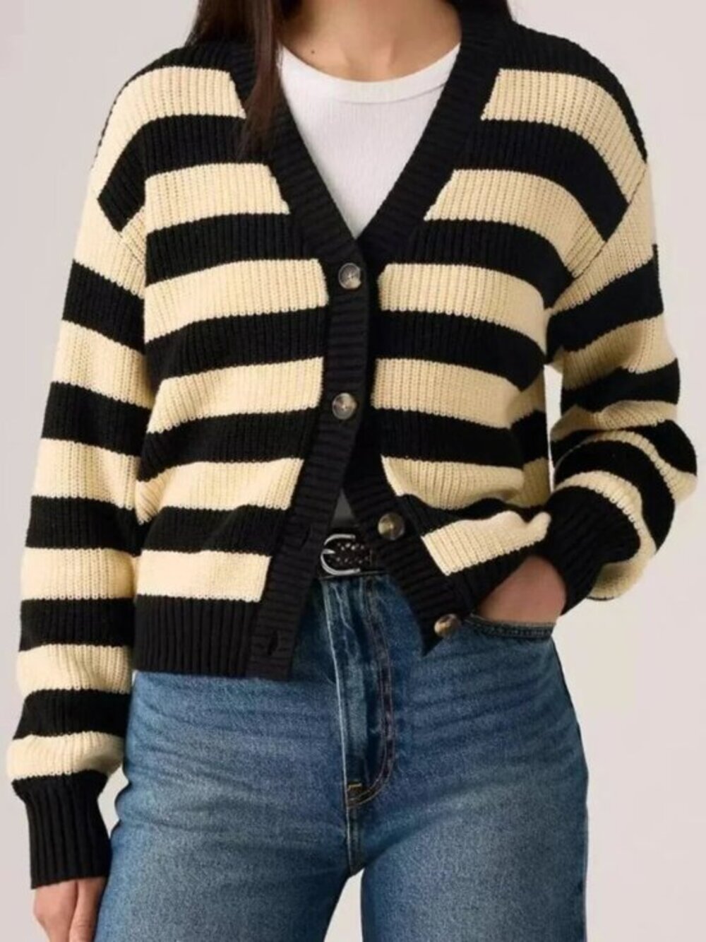Levi's Black and Cream Striped Button-Up Cardigan Sweater